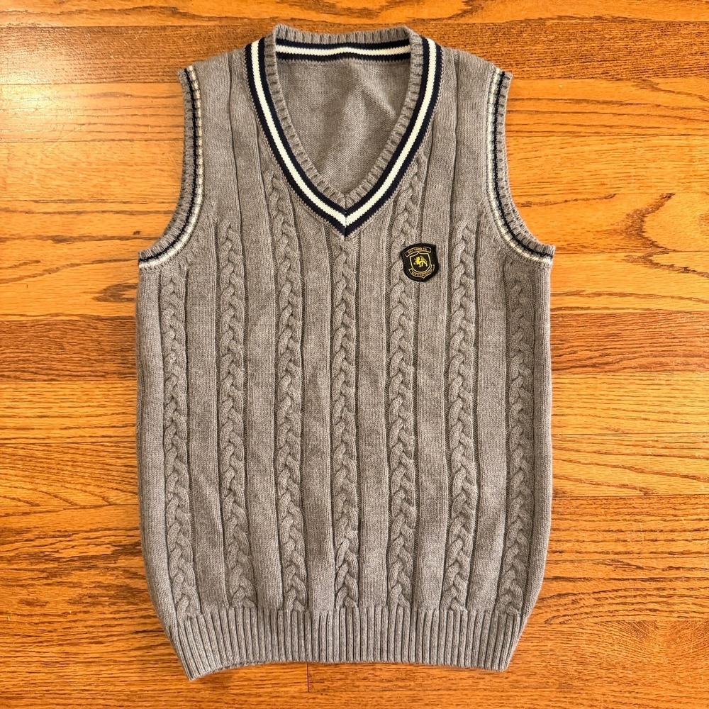 Cable Knit Boys Vest Size L 100% Cotton Gray